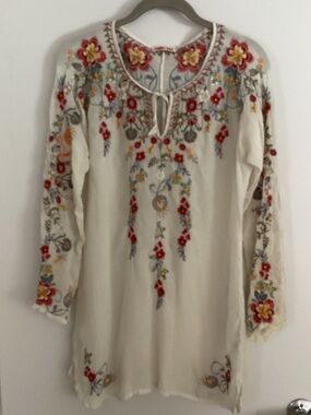 Johnny Was Cream Embroidered Floral Boho Blouse with Red Accents